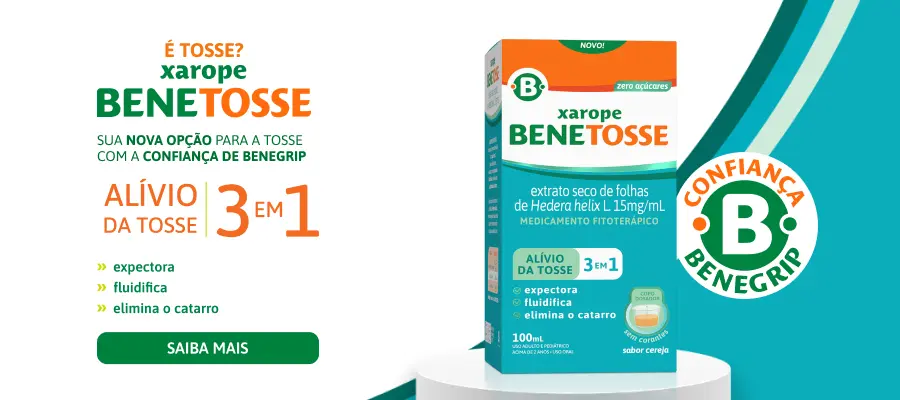 Imagem ilustrativa com embalagens dos produtos Benegrip Benetosse, com o texto escrito É tosse? Xarope Benetosse