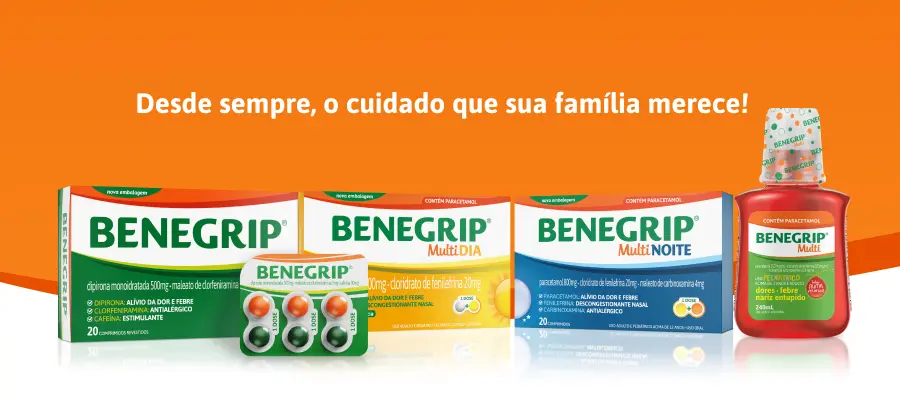 Imagem ilustrativa com embalagens dos produtos Benegrip Família Em fundo laranja, com o texto escrito 