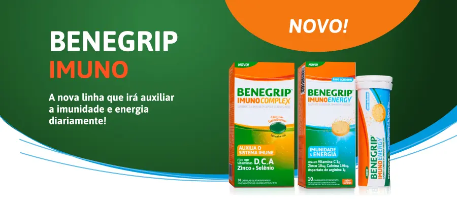 Imagem ilustrativa com embalagens dos produtos Benegrip Imuno Complex e Benegrip Imuno Energy. Em fundo verde, com o texto escrito 