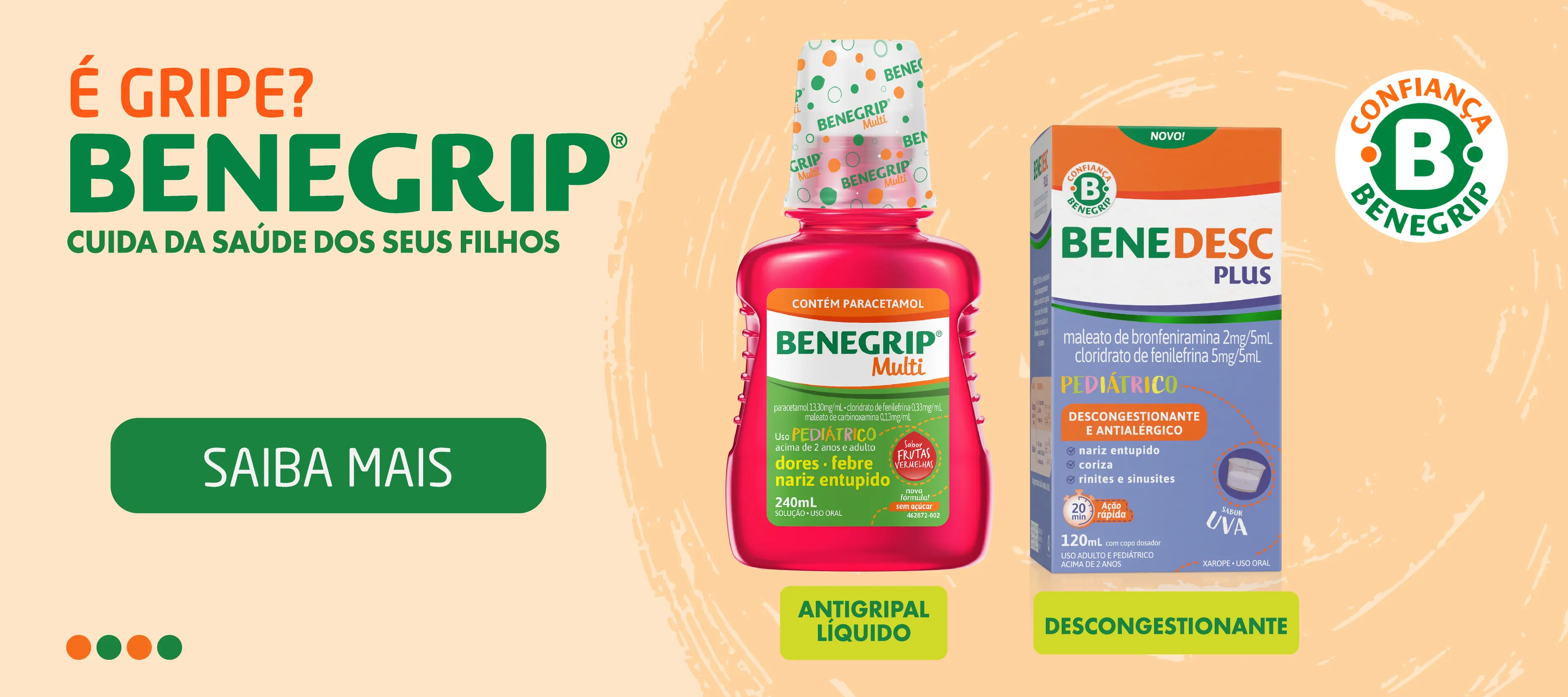 Imagem ilustrativa com embalagens dos produtos Benegrip Multi e Benedesc