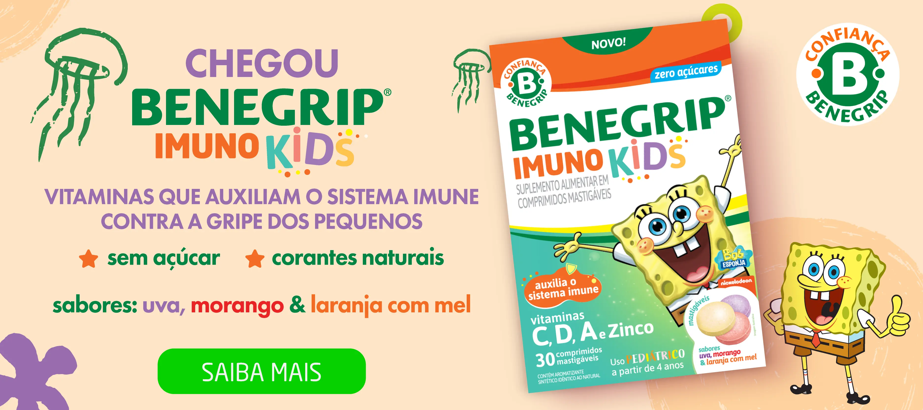 Imagem ilustrativa com embalagem do produto Benegrip Imuno Kids