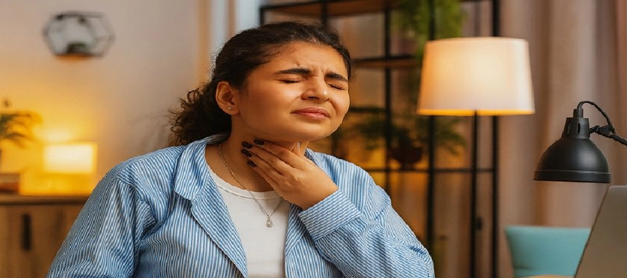 jovem com dor na garganta ao engolir procurando opções de tratamento online