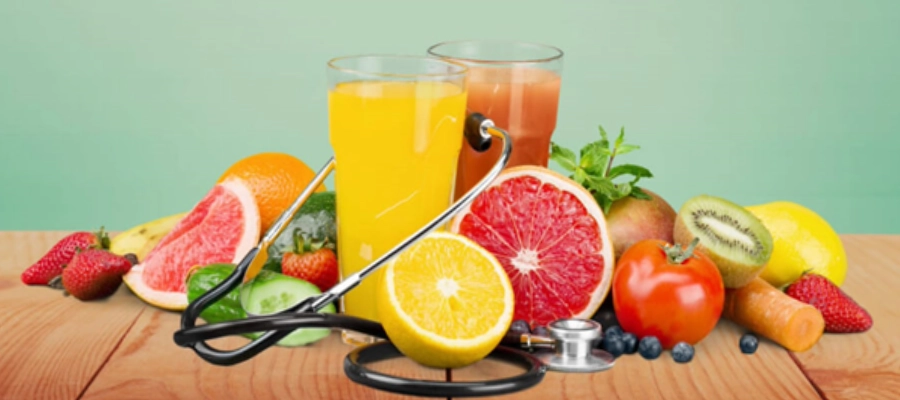 frutas cítricas e vegetais postos ao redor de dois copos de suco e um estetoscópio 