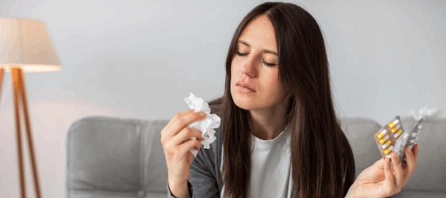 mulher jovem assoando o nariz e segurando um antialérgico para rinite
