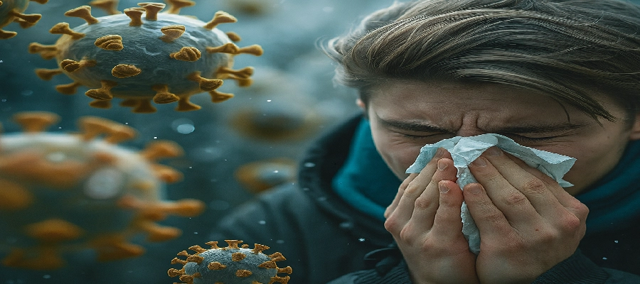 ilustrações 3d de vírus da gripe e homem com sintomas de H1N1 assoando o nariz 