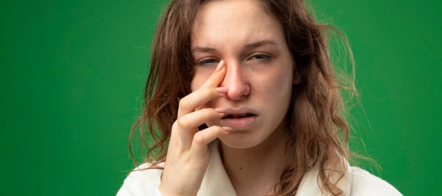 mulher jovem com feição de doente apalpando a lateral do nariz, que está vermelho.