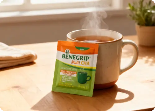Benegrip Multi Chá em uma mesa na frente de uma caneca com vapor.