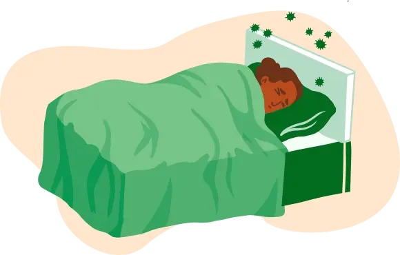 Ilustração de pessoa deitada com vírus da gripe ao seu redor.