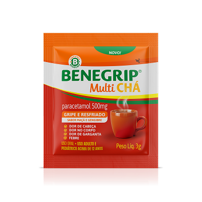 Embalagem Benegrip Multi Chá Sabor Maçã e Gengibre.