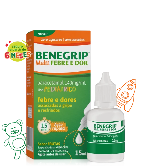 Embalagem de Benegrip Multi Febre e Dor Antitérmico e analgésico.