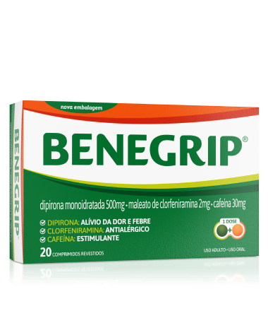 Foto da embalagem de Benegrip<sup>®</sup> em comprimido.